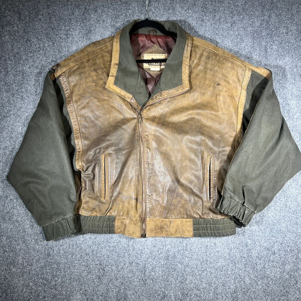 Vintage 80s Midway Leather Canvas Bomber Jacket Size 42 Large Brown